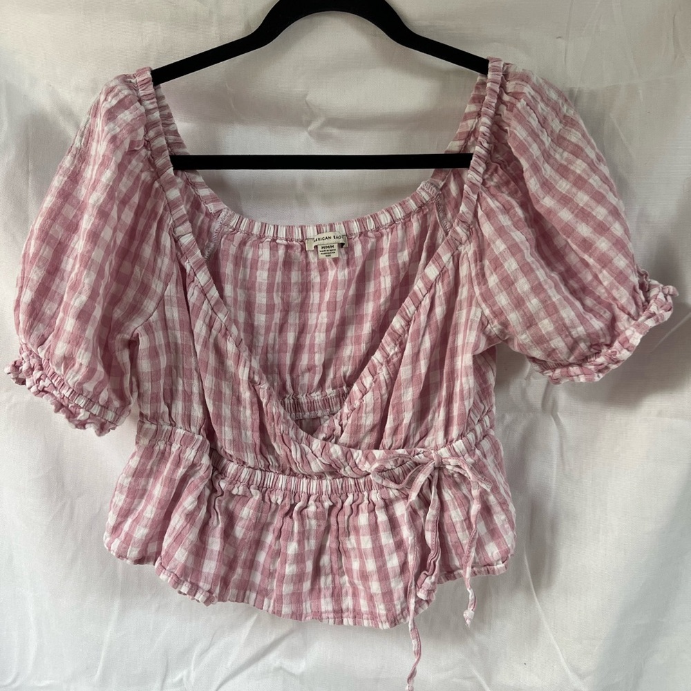 American Eagle Pink and White Gingham Top